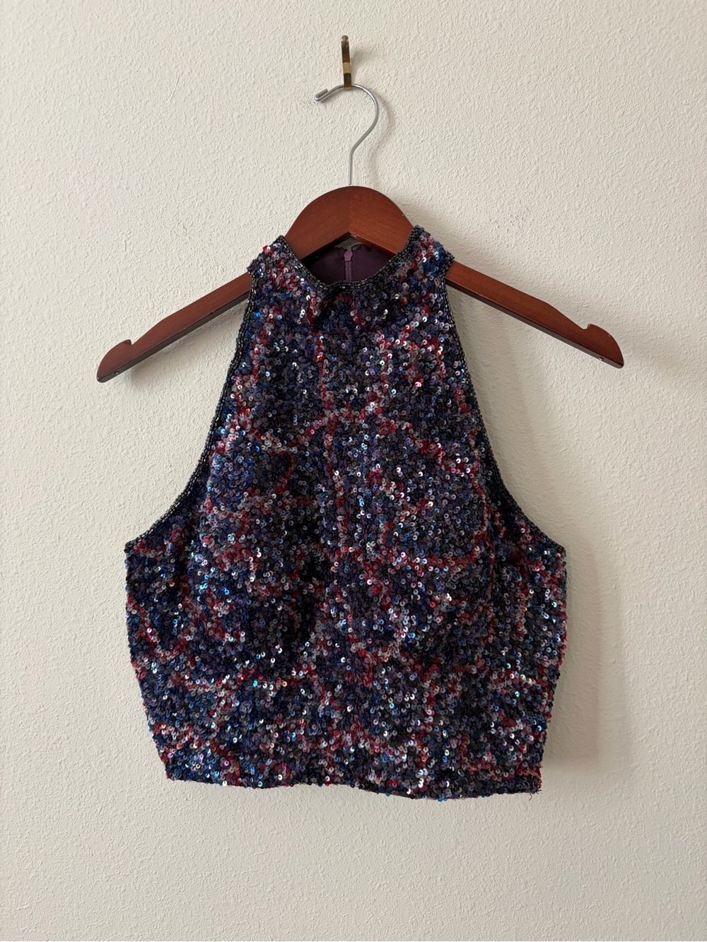 Vintage Mia Bella Silk Sequin Beaded Halter Crop Top Size M